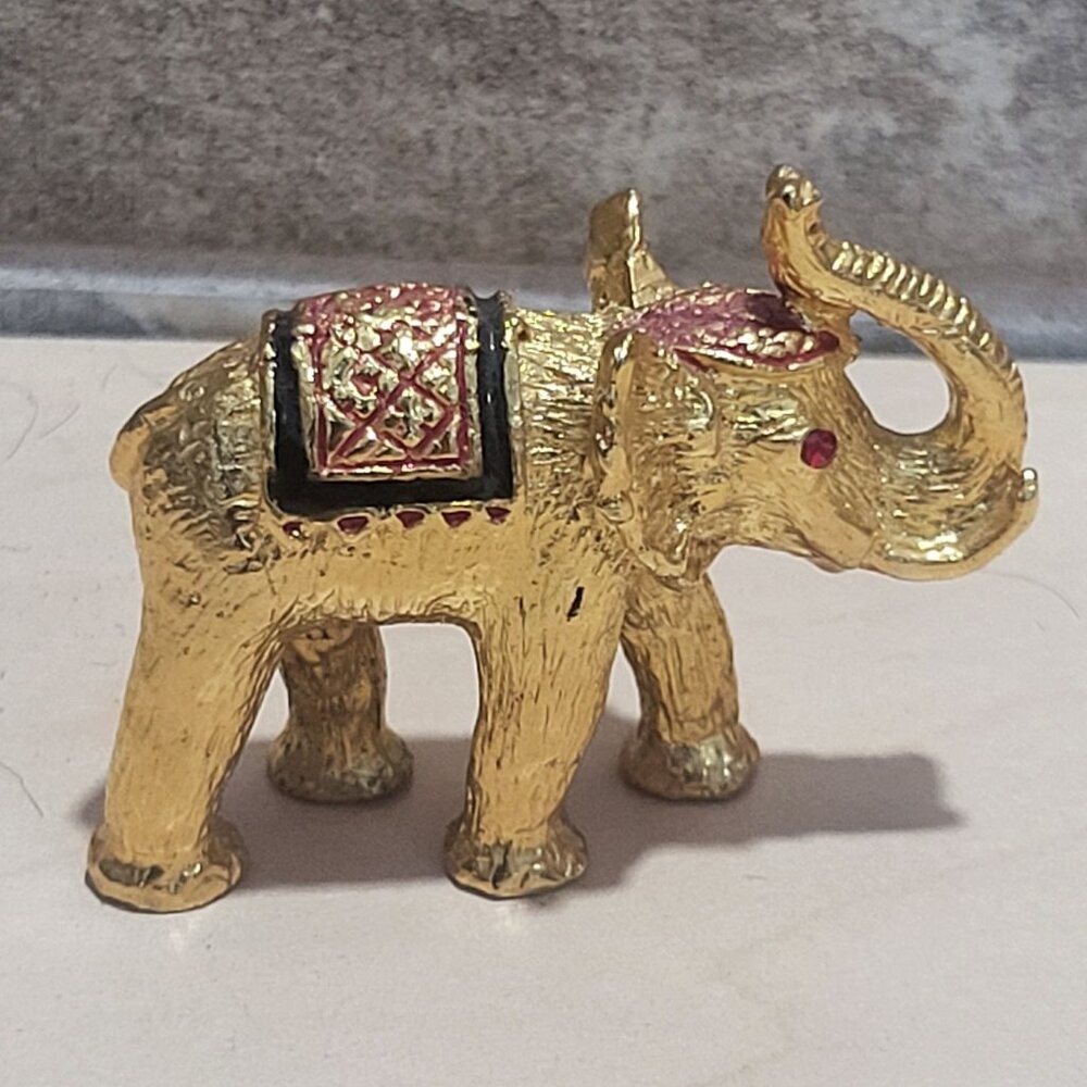VTG Miniature Heavy Metal Golden Elephant Red Jeweled Eyes